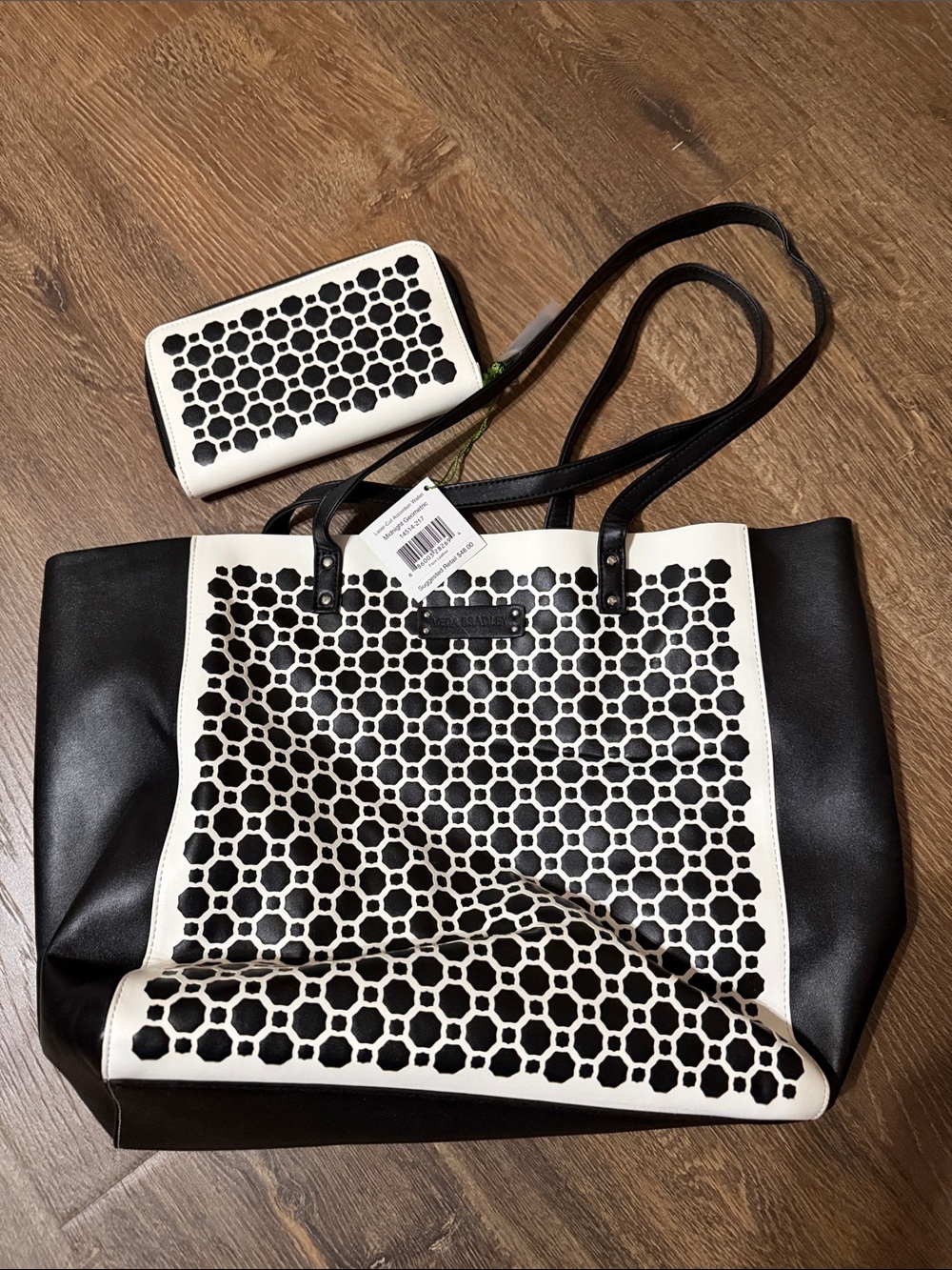 Stylish Black & White Laser-Cut Tote and Matching Wallet, by Vera Bradley.  New!
